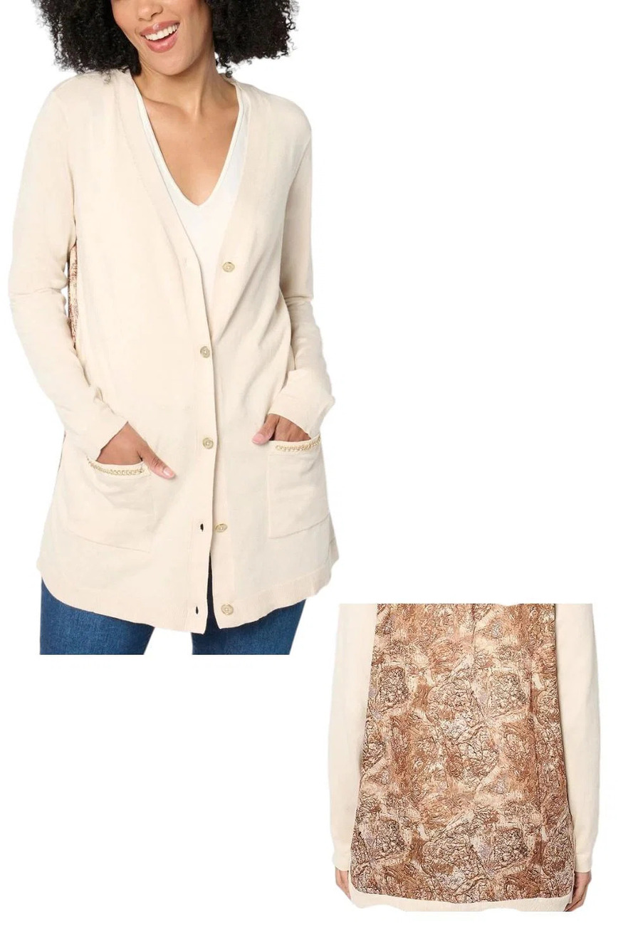 Inspired by Susan Graver Women's Mixed Media Cardigan Sandshell - Regular